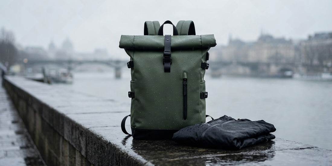 Meilleur sac à dos imperméable roll top posé sous la pluie fine sur un quai de ville