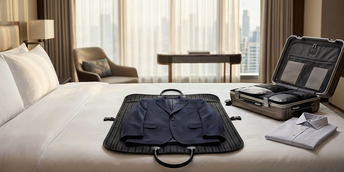 Housse de costume de voyage ouverte sur un lit d'hôtel avec un costume impeccable