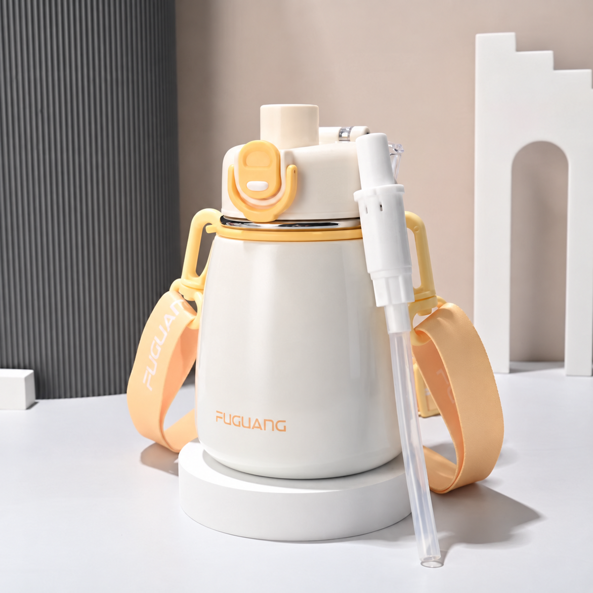 Gourde inox enfant blanche, couvercle ouvert avec paille