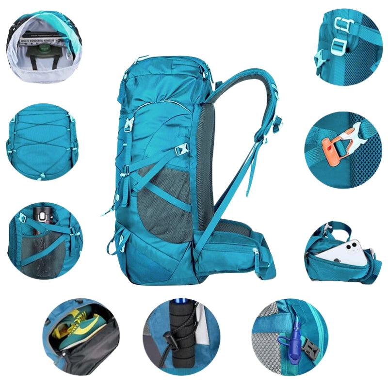 50l wanderrucksack nahaufnahme fächer - Türkis - Armeegrün - Blau - Schwarz - Rot