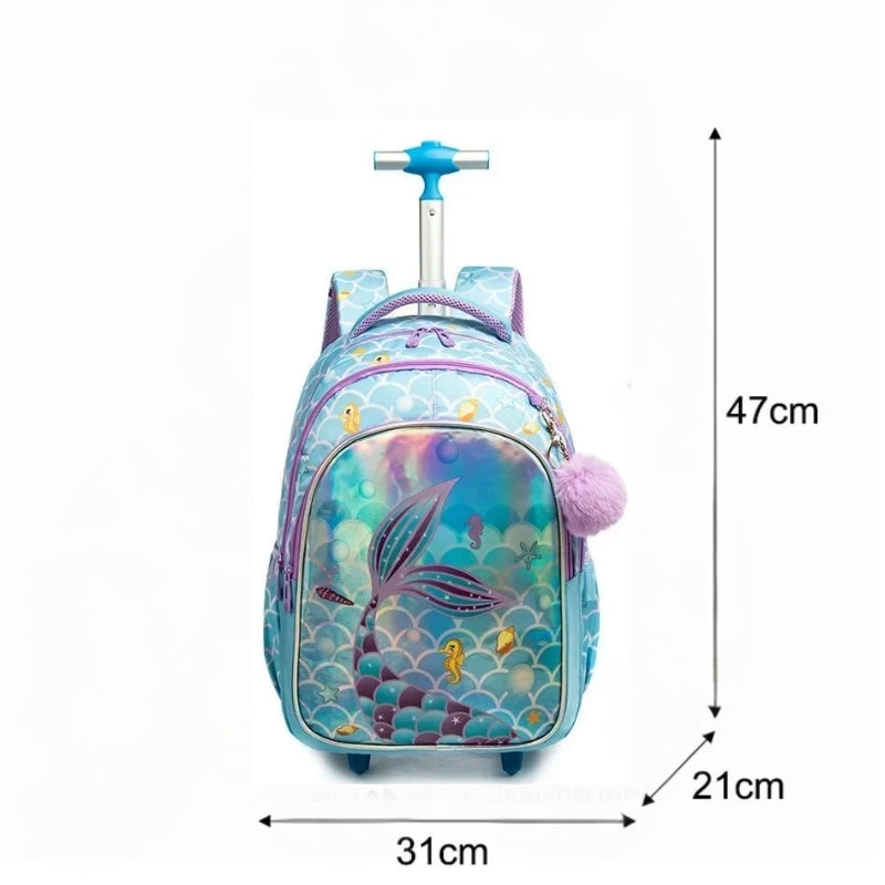 kinder rucksack mit rollen nahaufnahme des rucksacks - Motiv Meerjungfrau 1 - Motiv Meerjungfrau 2 - Einhornmotiv - Motiv Fußball 1 - Fußball Motiv 2
