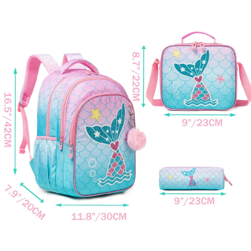 kinderrucksack 6 jahre drei artikel ausgerichtet - Hirschmotiv - Lama-Muster - Giraffenmuster - Meerjungfrau Motiv 1 - Motiv Meerjungfrau 2