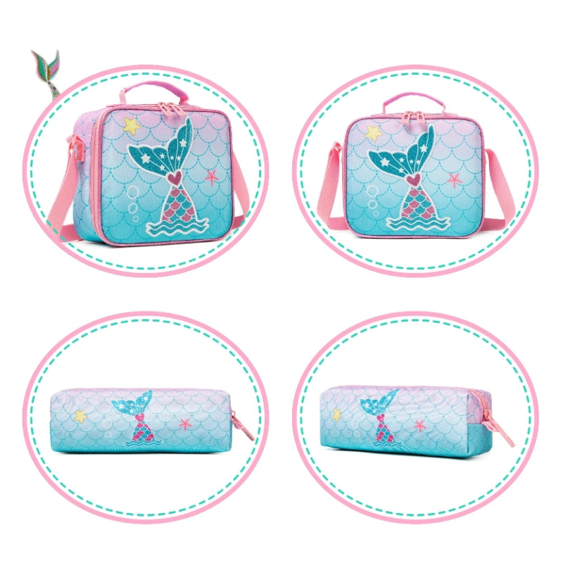kinderrucksack 6 jahre zwei verschiedene winkel - Hirschmotiv - Lama-Muster - Giraffenmuster - Meerjungfrau Motiv 1 - Motiv Meerjungfrau 2