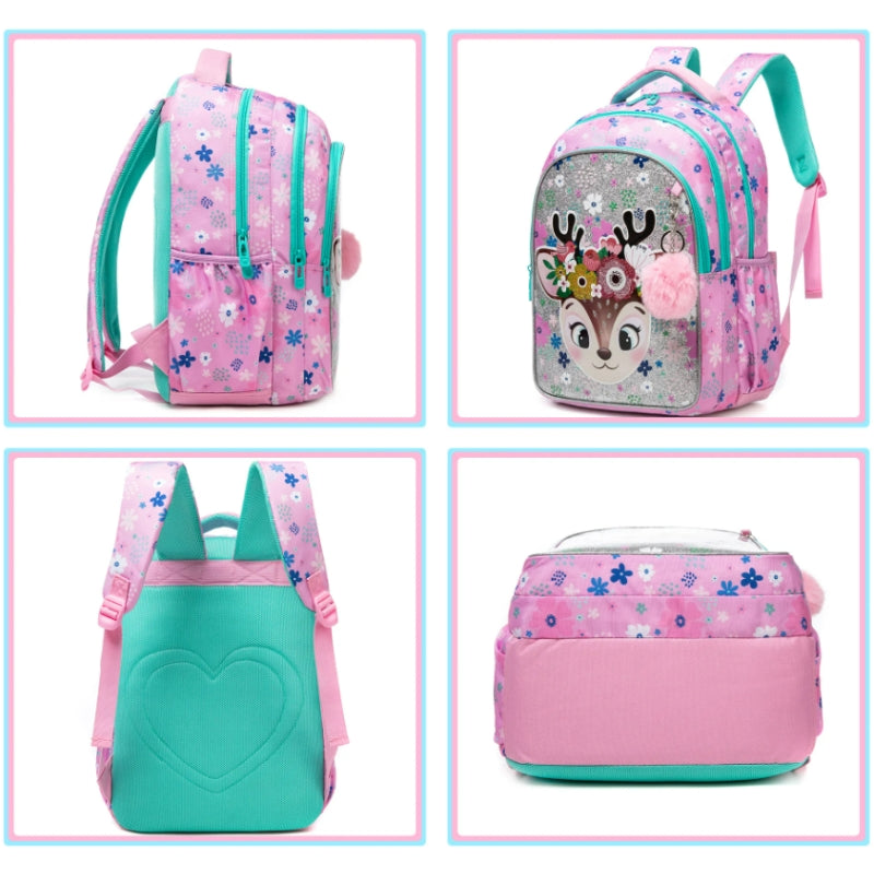 kinderrucksack 6 jahre vier verschiedene winkel - Hirschmotiv - Lama-Muster - Giraffenmuster - Meerjungfrau Motiv 1 - Motiv Meerjungfrau 2