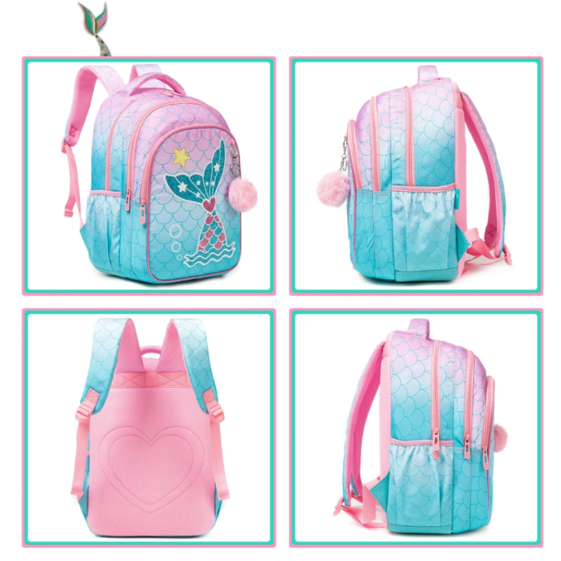 kinderrucksack 6 jahre vier verschiedene winkel - Hirschmotiv - Lama-Muster - Giraffenmuster - Meerjungfrau Motiv 1 - Motiv Meerjungfrau 2
