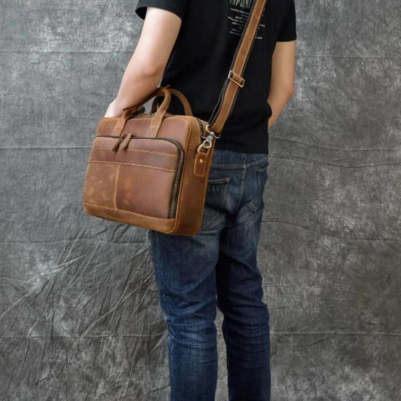 laptop tas leder herren über der schulter getragen - Glänzendes Braun - Glänzendes Schwarz - Mattes Braun - Kamel Matt
