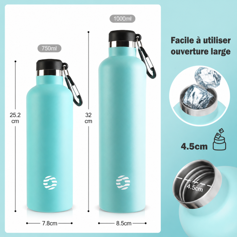isothermische edelstahlflasche zwei größen nebeneinander - Silber - Schwarz - Grün - Rosa - Marineblau - Türkis