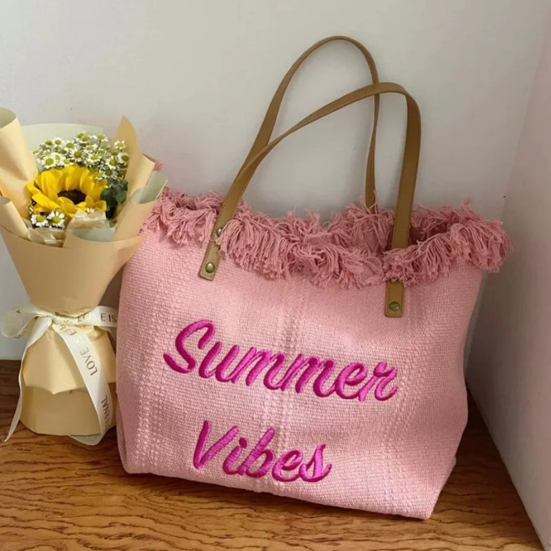 strandtasche für frauen nahaufnahme fransen - Cremeweiß - Schwarz - Grün - Beige - Rosa