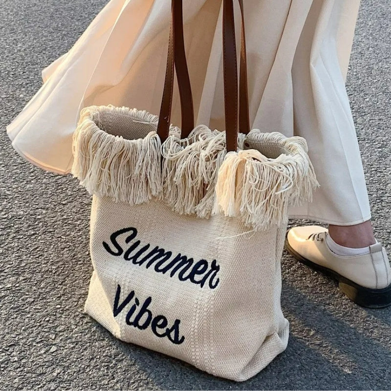 strandtasche für frauen nahaufnahme fransen - Cremeweiß - Schwarz - Grün - Beige - Rosa