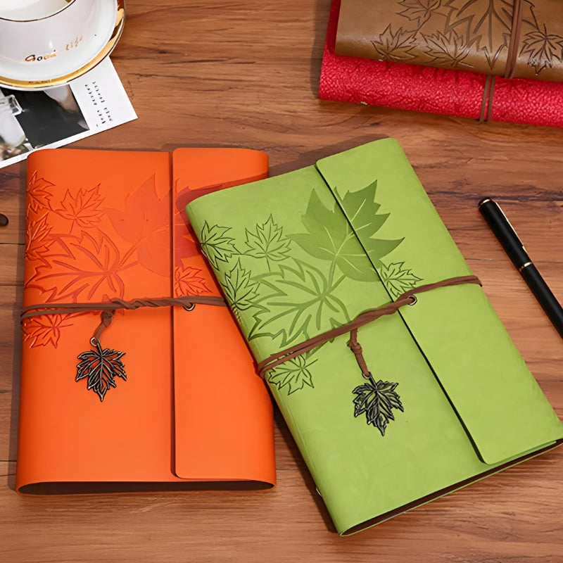 vintage reise notizbuch zwei notizbücher geöffnet - Hellbraun - Dunkelbraun - Braun - Himmelblau - Blau - Orange - Hellgrün - Grün - Rosa - Perforierte Blätter