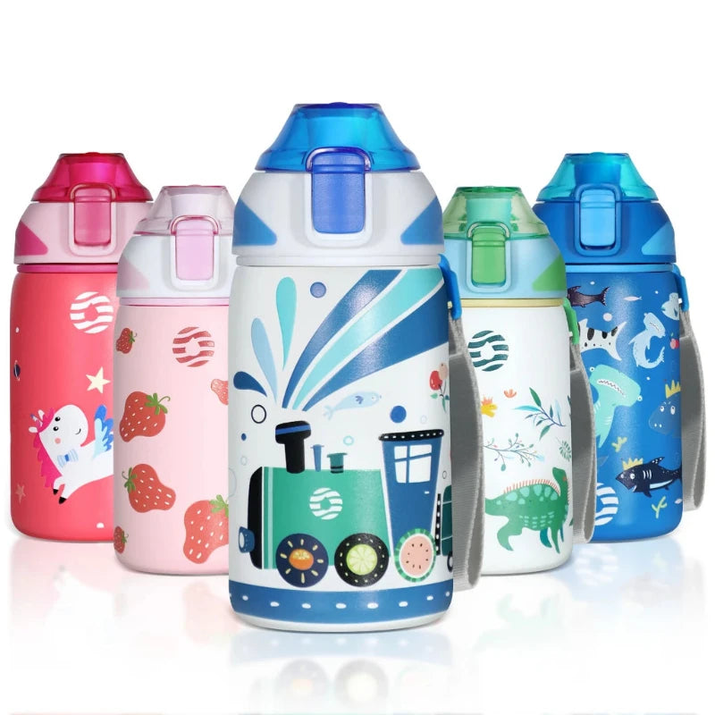 kindertrinkflasche 3 jahre fünf flaschen ausgerichtet - Zug - Fisch - Einhorn - Dinosaurier - Erdbeere - Biene