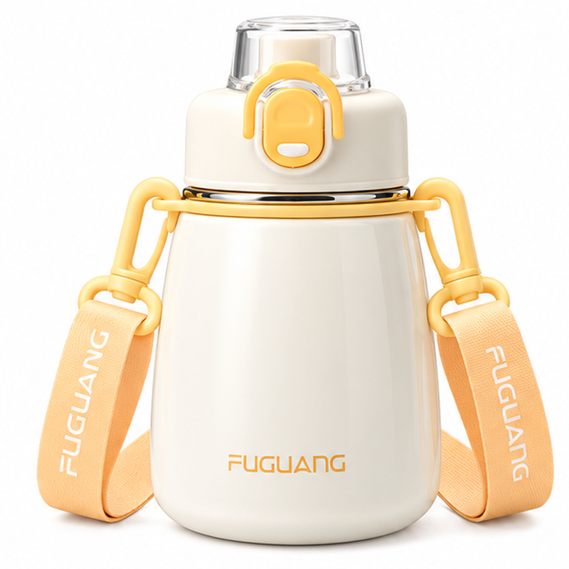 Gourde inox enfant crème, vue de face avec bandoulière
