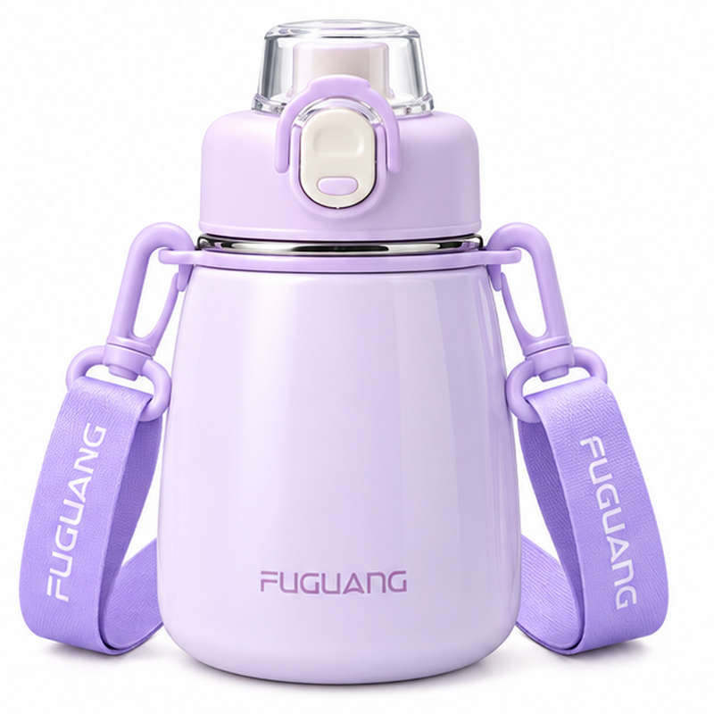 Gourde inox enfant violette, vue de face avec bandoulière