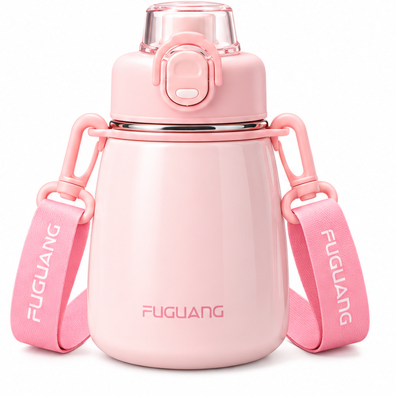 Gourde inox enfant rose, vue de face avec bandoulière
