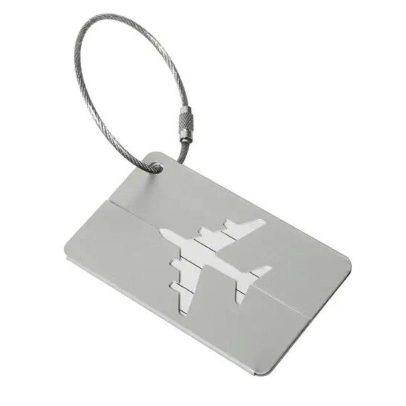 namensschild für koffer - Silber mit Flugzeugmotiv