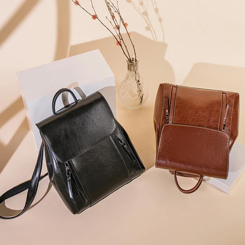 leder schultasche für frauen - Karamell - Braun - Schwarz