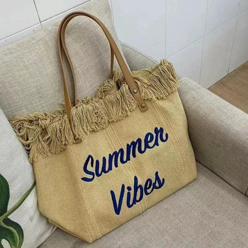 strandtasche für frauen nahaufnahme fransen - Cremeweiß - Schwarz - Grün - Beige - Rosa